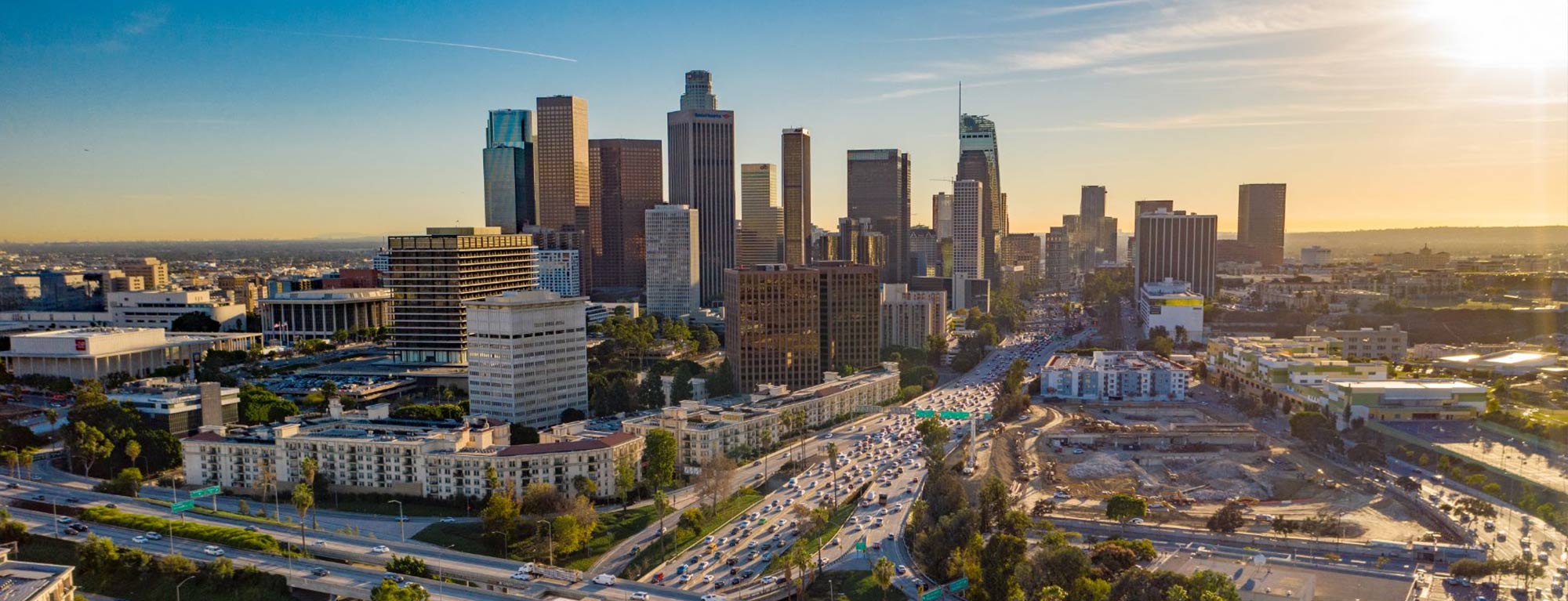 City landscape with highways and skyscrapers