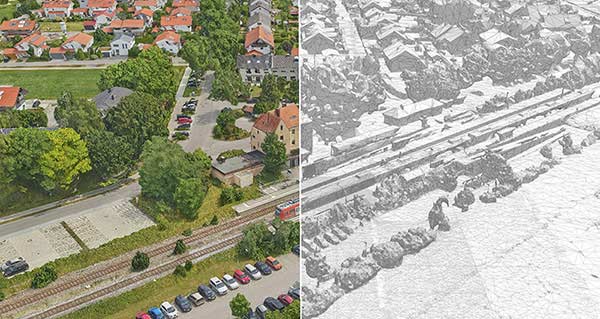 A high definition optical 3D Model of the city of Aying, near Munich with the right half in a grid view