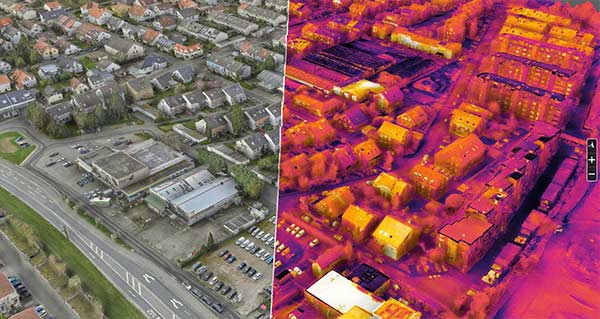 A high definition 3D model above the roofs of Schriesheim in a splitted view: optical model left and thermal model right