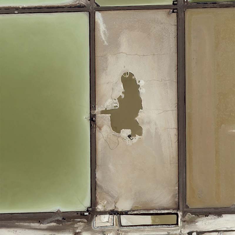 Dozens of evaporation ponds, some about 1 km long, are used to extract lithium in the Salar de Uyuni, in Bolivia.